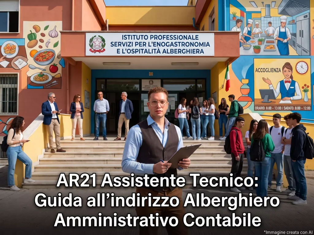 AR21 Assistente Tecnico: AT davanti ad un istituto alberghiero con docenti e alunni. In primo piano la scritta "AR21 Assistente Tecnico: Guida all'indirizzo Alberghiero Amministrativo Contabile".