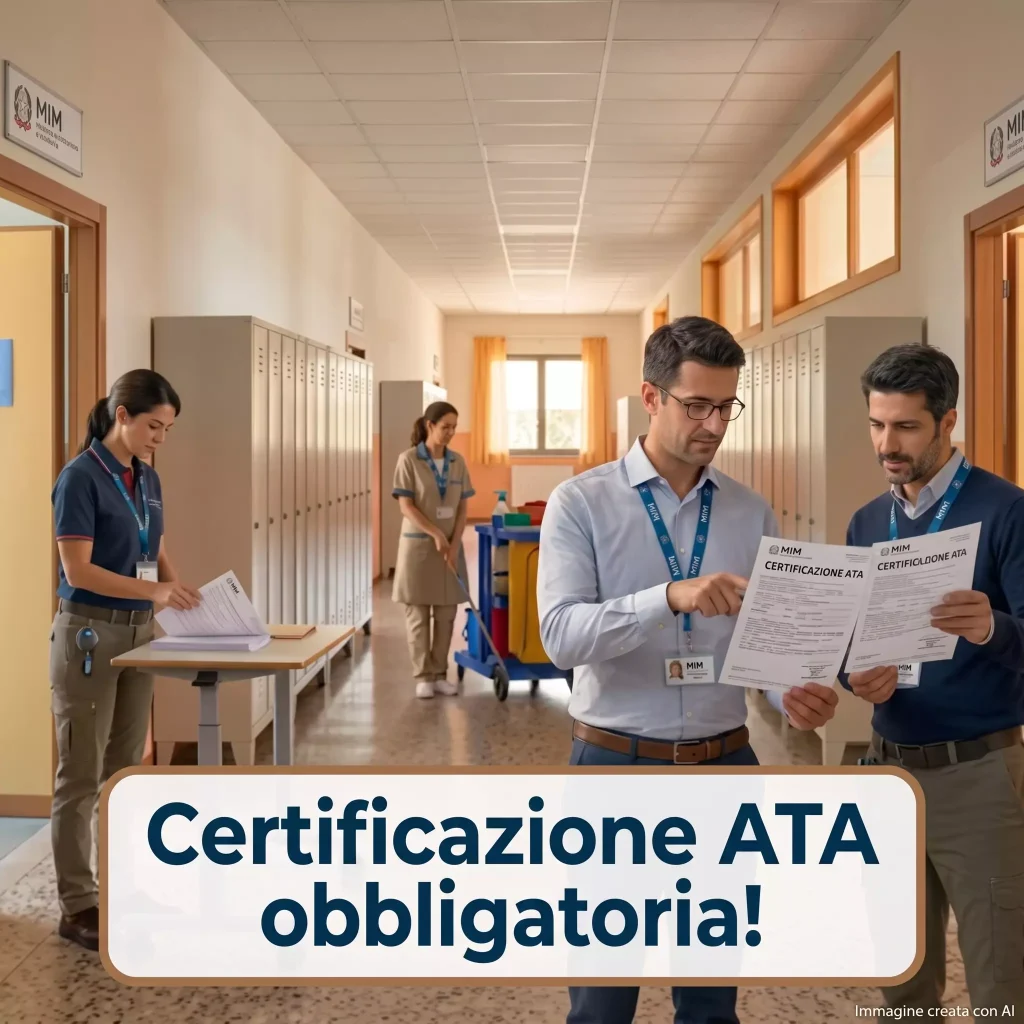 Certificazione ATA obbligatoria: personale ATA nel corridoio di una scuola. In primo piano la scritta "Certificazione ATA obbligatoria"