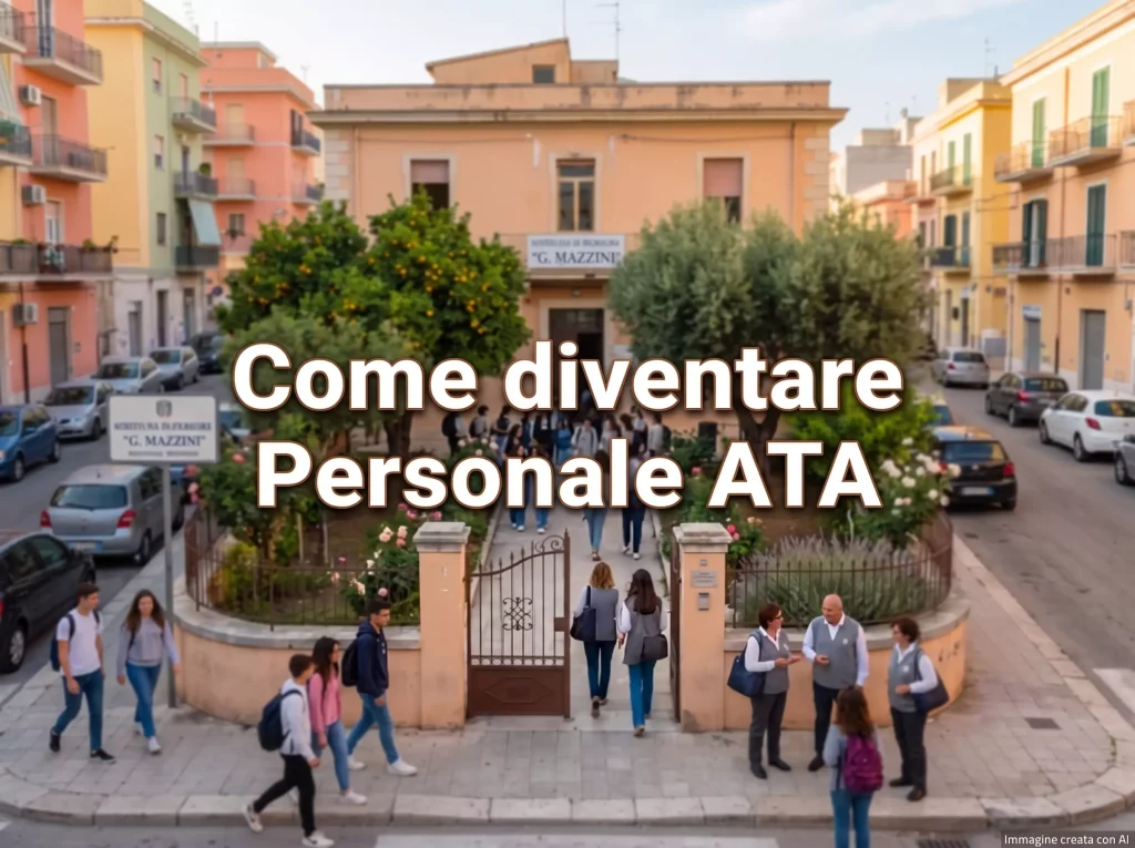 Scuola vista dall'esterno. In primo piano la scritta: Come Diventare Personale ATA