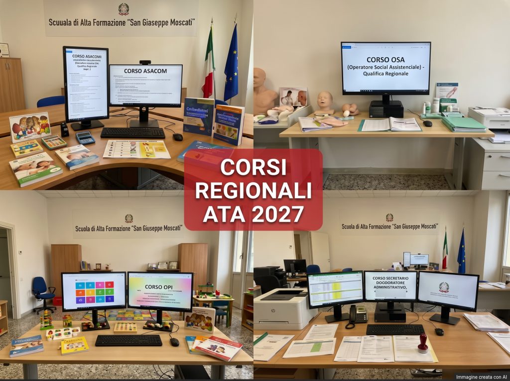 Immagine divisa in 4 parti: in ciascuna sul monitor del pc compare un corso regionale. In primo piano la scritta "Corsi regionali ATA 2027"