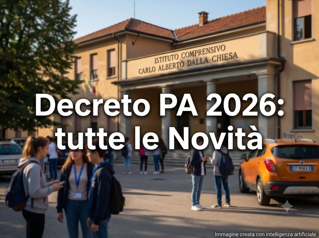 Edificio scolastico. In primo piano la scritta: "Decreto PA 2026: tutte le novità"