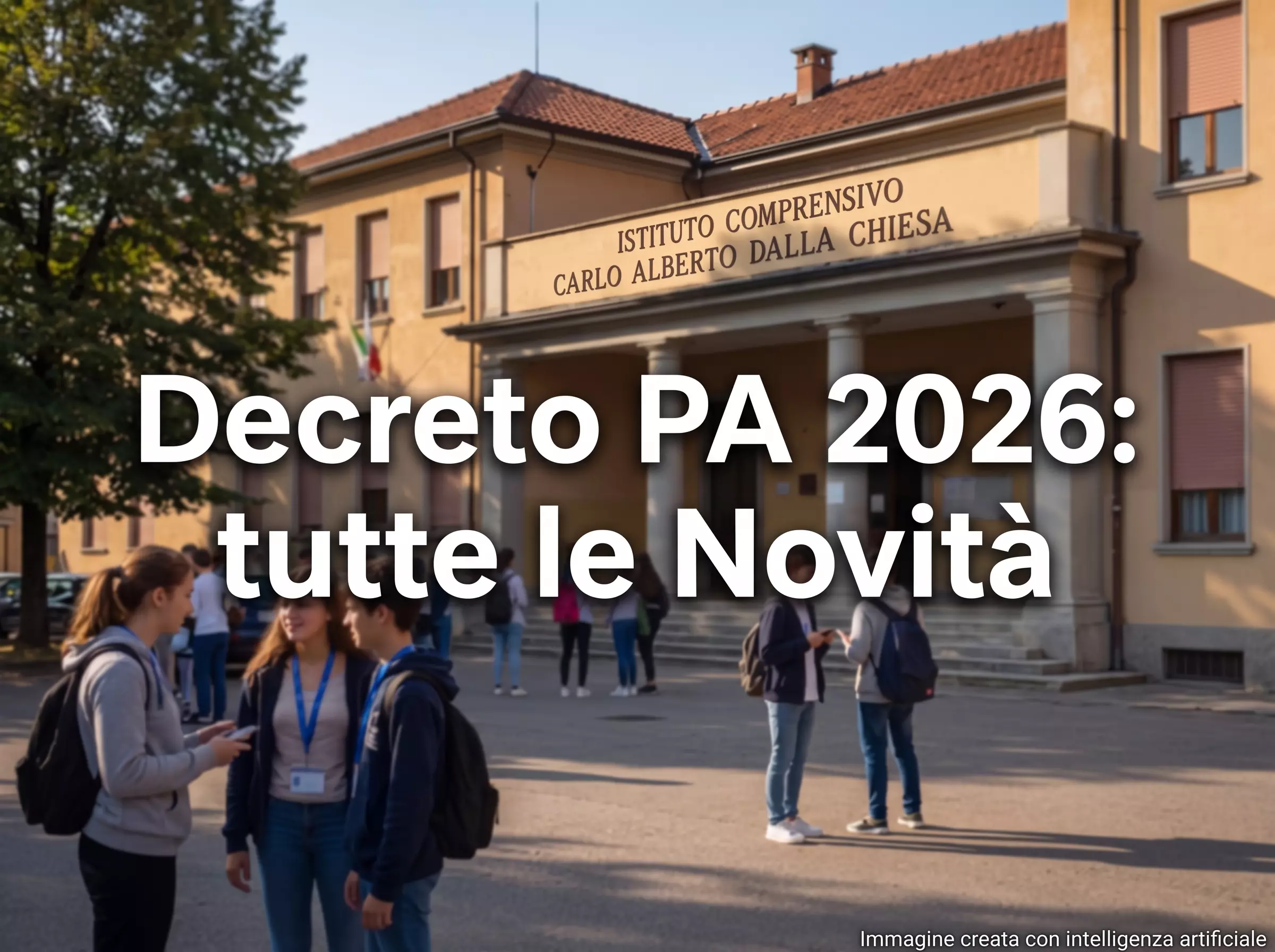 Edificio scolastico. In primo piano la scritta: "Decreto PA 2026: tutte le novità"