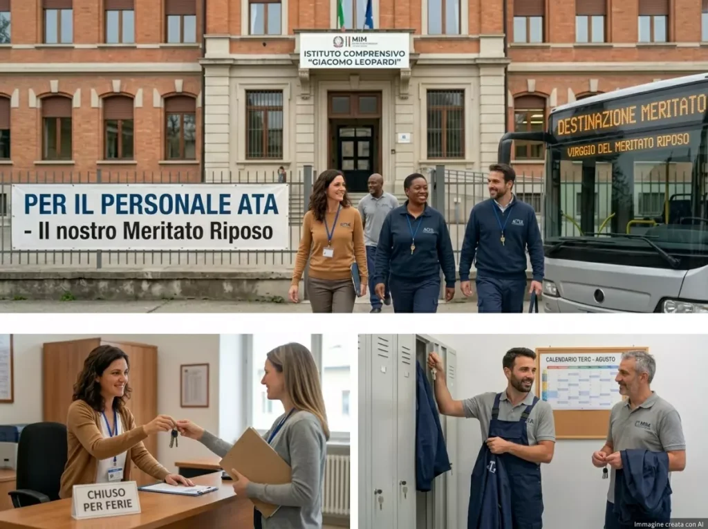 Immagine divisa in tre parti con la scritta "Ferie Personale ATA", e diverse figure ATA al lavoro