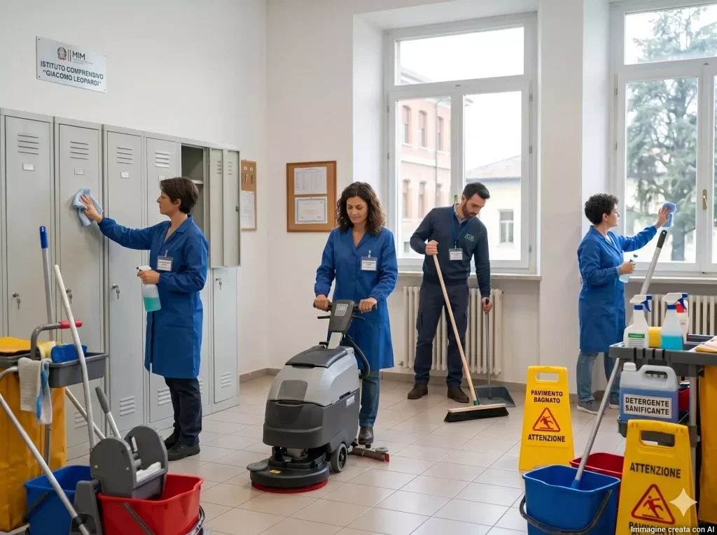 Ferie Personale ATA 2026: collaboratori scolastici impegnati nella pulizia della scuola