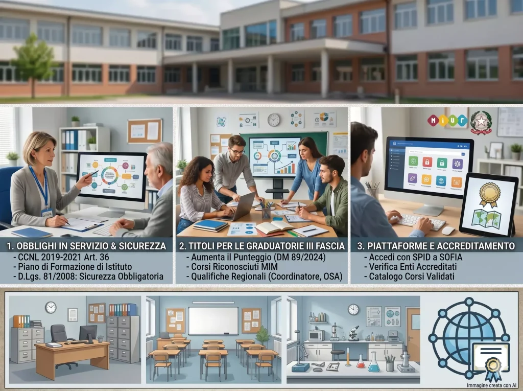 Formazione Personale ATA: immagine divisa in 4 parti, con edificio scolastico e figure ATA al lavoro