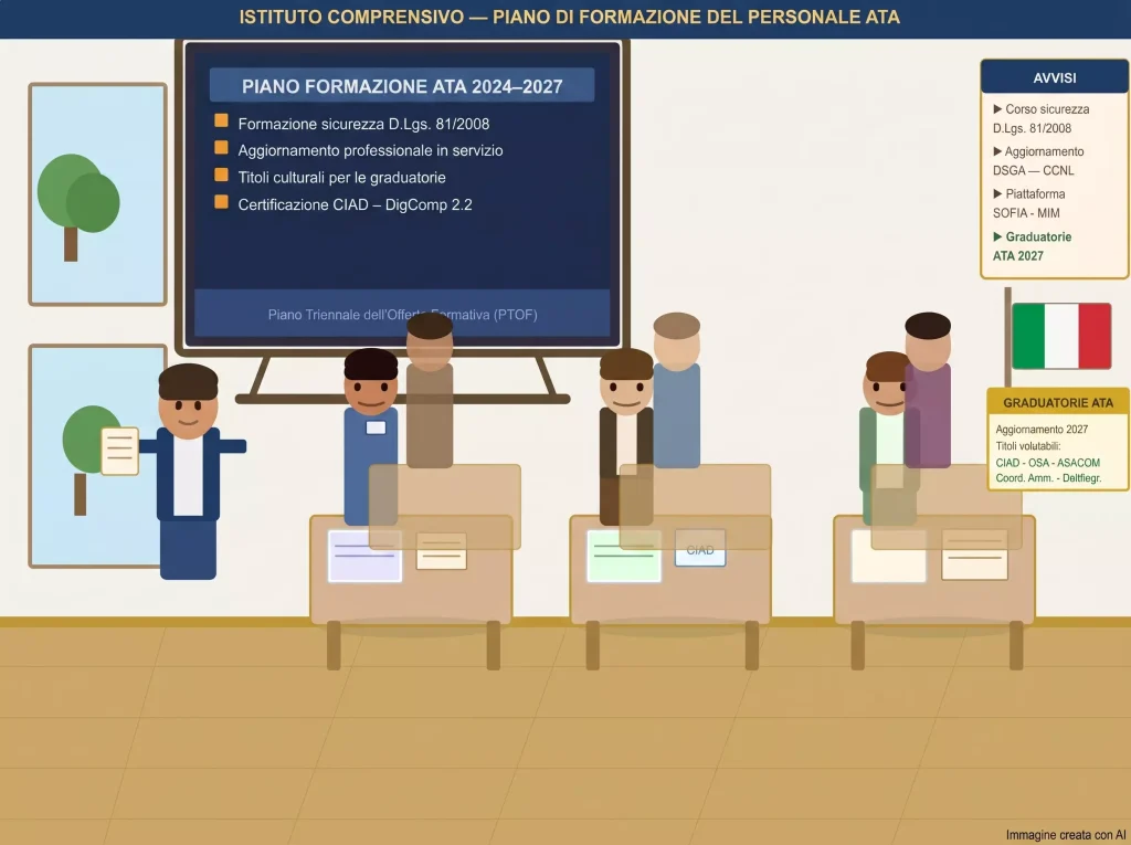 Formazione Personale ATA: figure professionali alle prese con un corso di formazione (cartoon)