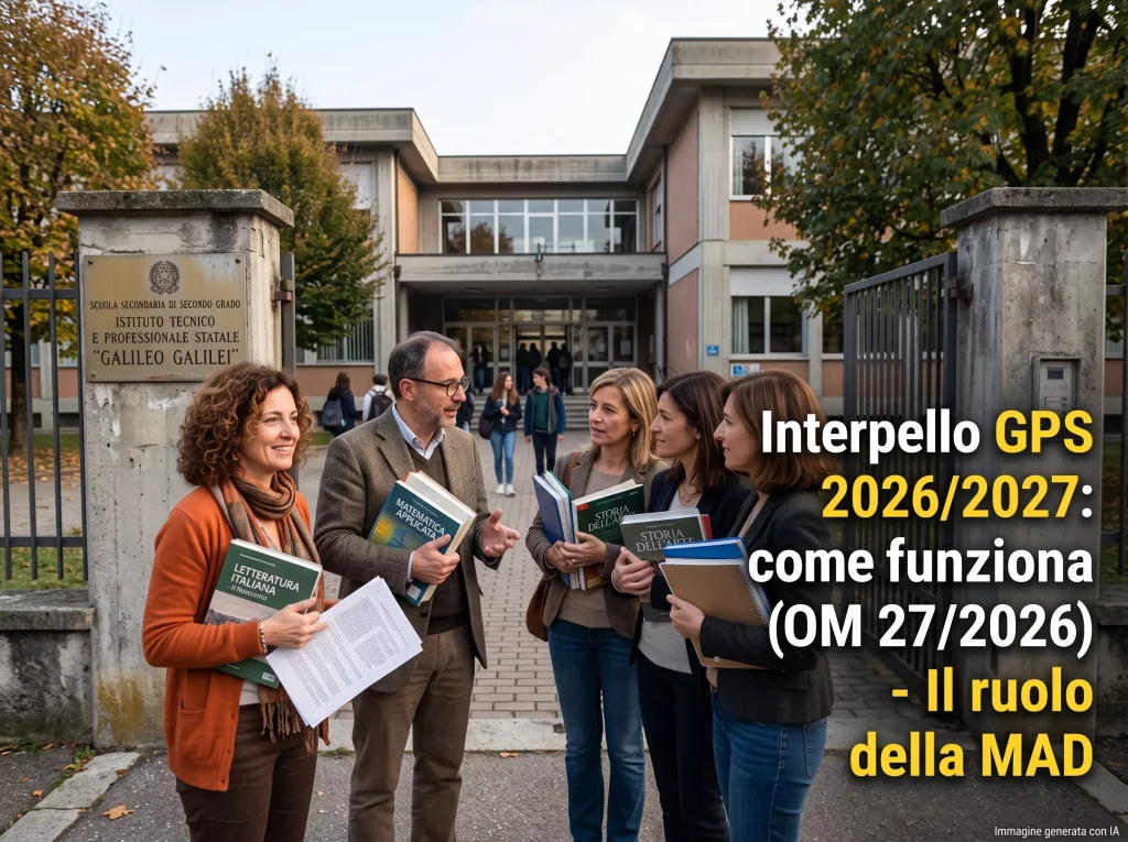 Graduatorie GPS, l'interpello al posto della MAD: docenti davanti ad una scuola. In primo piano la scritta: "Interpello GPS 2026/2027: come funziona (OM 27/2026) - Il ruolo della MAD"