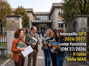 Graduatorie GPS, l'interpello al posto della MAD: docenti davanti ad una scuola. In primo piano la scritta: "Interpello GPS 2026/2027: come funziona (OM 27/2026) - Il ruolo della MAD"