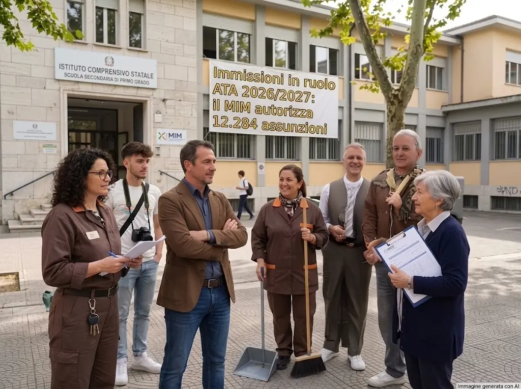 Figure ATA davanti ad una scuola. In primo piano la scritta "Immissioni in ruolo ATA 2026/2027: il MIM autorizza 12.284 assunzioni"