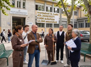 Figure ATA davanti ad una scuola. In primo piano la scritta "Immissioni in ruolo ATA 2026/2027: il MIM autorizza 12.284 assunzioni"