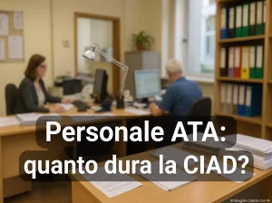 La Certificazione Internazionale di Alfabetizzazione Digitale per ATA Quanto Dura. Segreteria scolastica con in primo piano la scritta "Personale ATA: quanto dura la CIAD"