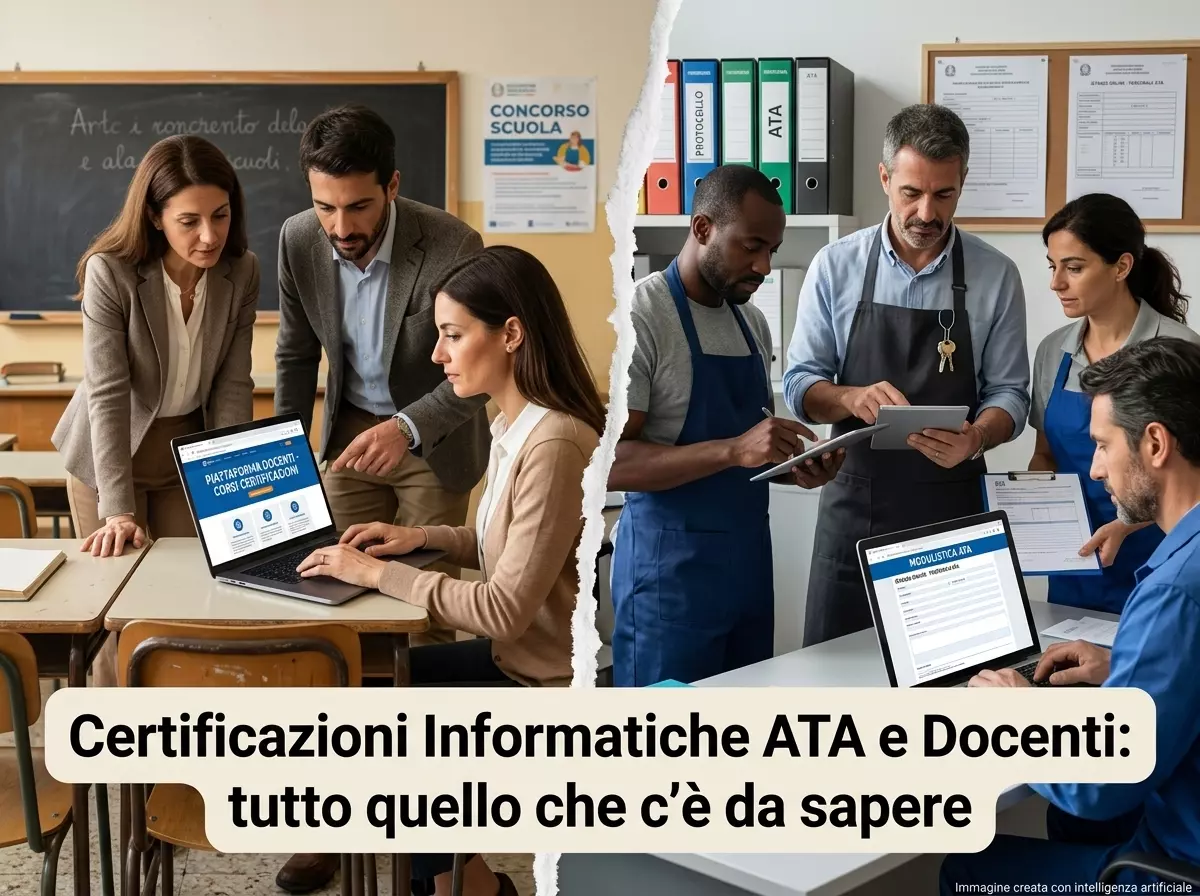 Certificazioni Informatiche per ATA e Docenti: immagine divisa in 2 parti con docenti e ATA alle prese con strumenti informatici. In primo piano la scritta " Certificazioni Informatiche ATA e Docenti: tutto quello che c'è da sapere".