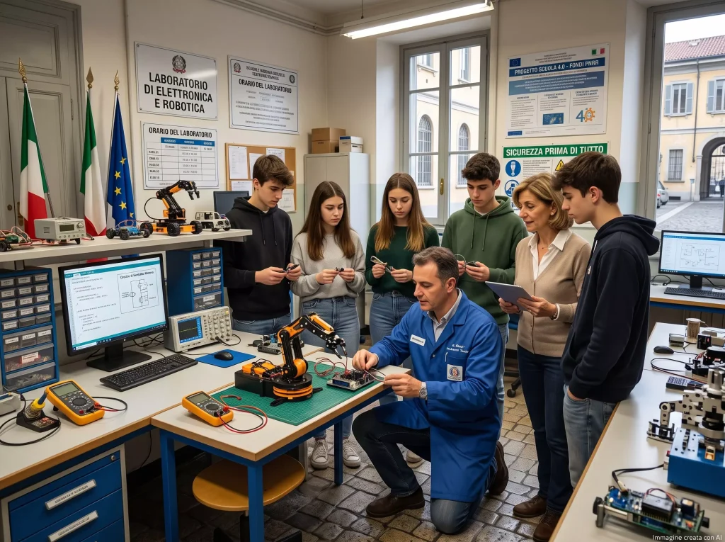 Le aree di laboratorio dell'Assistente Tecnico: AT al lavoro in laboratorio con un gruppo di studenti e un docente