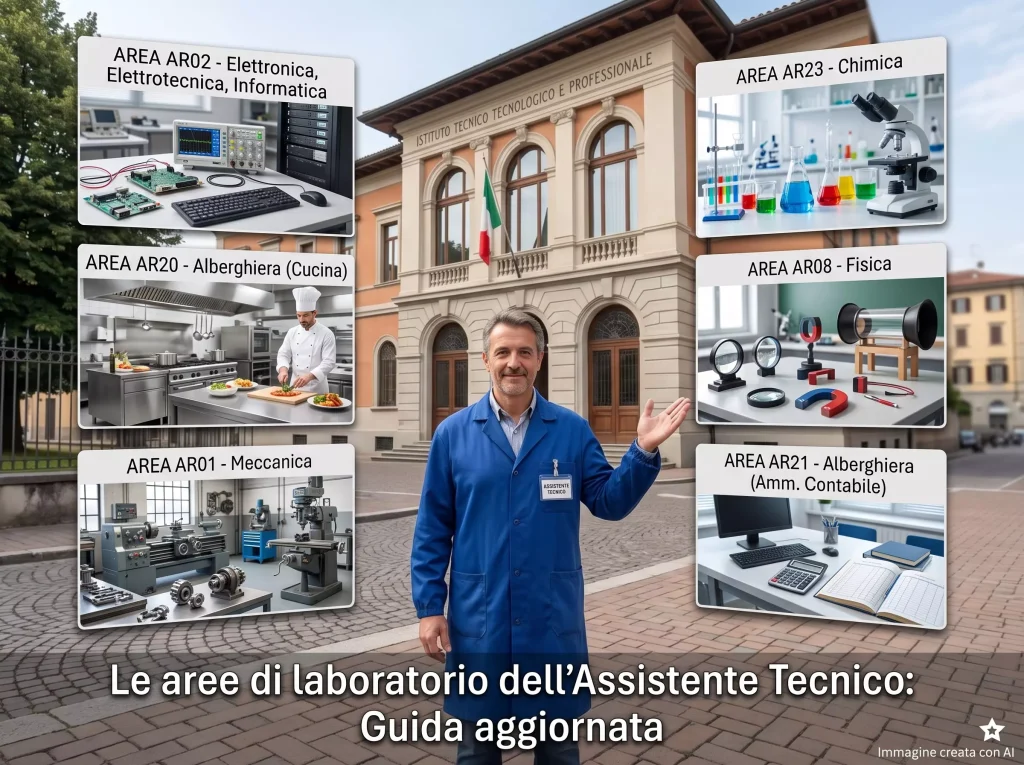 Assistente tecnico davanti ad una scuola. Tutt'intorno a lui dei riquadri con all'interno l'indicazione delle varie aree di laboratorio. In primo piano la scritta "Le aree di laboratorio dell'Assistente Tecnico: Guida aggiornata".