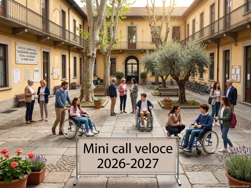 Docenti e alunni disabile in un cortile della scuola. In primo piano la scritta "Mini call veloce 2026-2027"