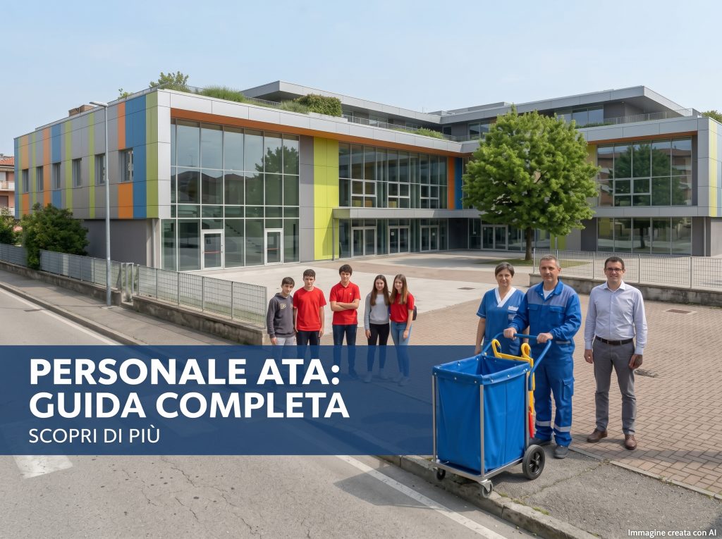 Personale ATA davanti ad una scuola. In primo piano la scritta "Personale ATA Guida Completa"