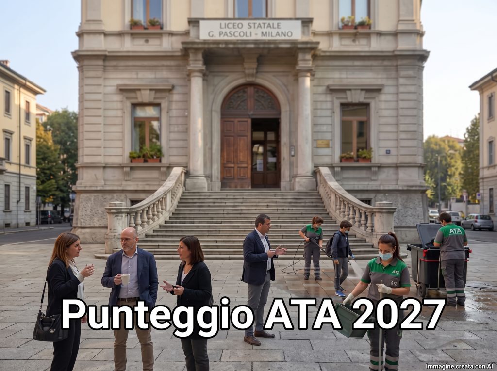 Docenti e Collaboratori scolastici davanti ad una scuola. In primo piano la scritta "Punteggio ATA 2027"