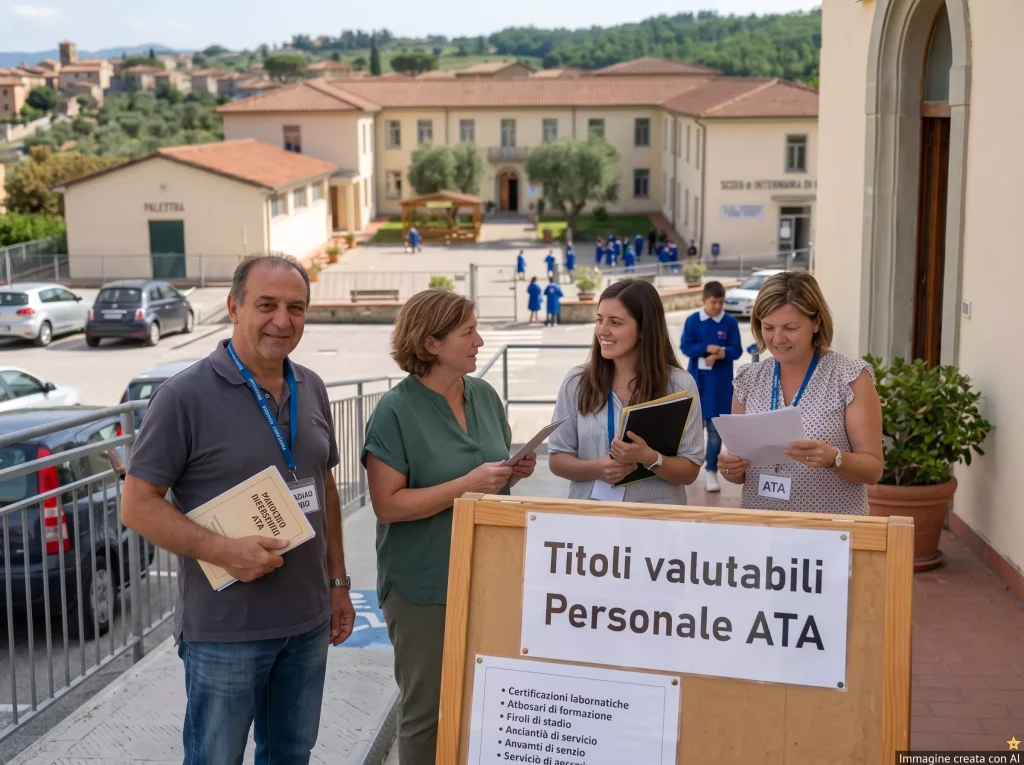 Personale ATA davanti ad una scuola. In primo piano la scritta: Titoli valutabili Personale ATA