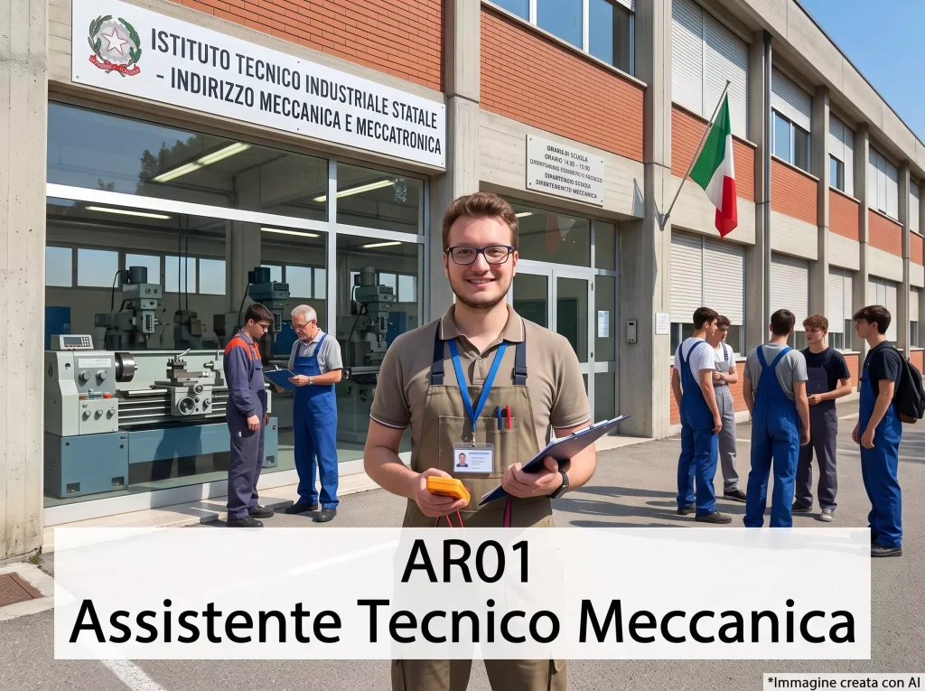 AT davanti ad una scuola. In primo piano la scritta: "AR01 Assistente Tecnico Meccanica"