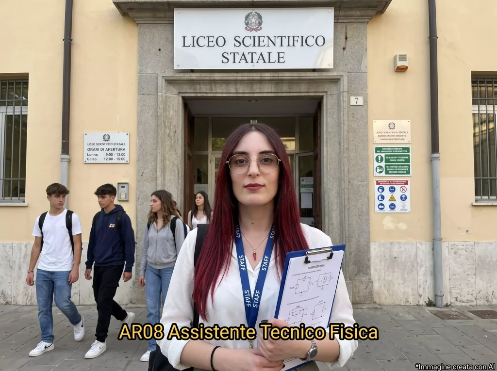 AT davanti ad una scuola. In primo piano la scritta: "AR08 Assistente Tecnico Fisica"