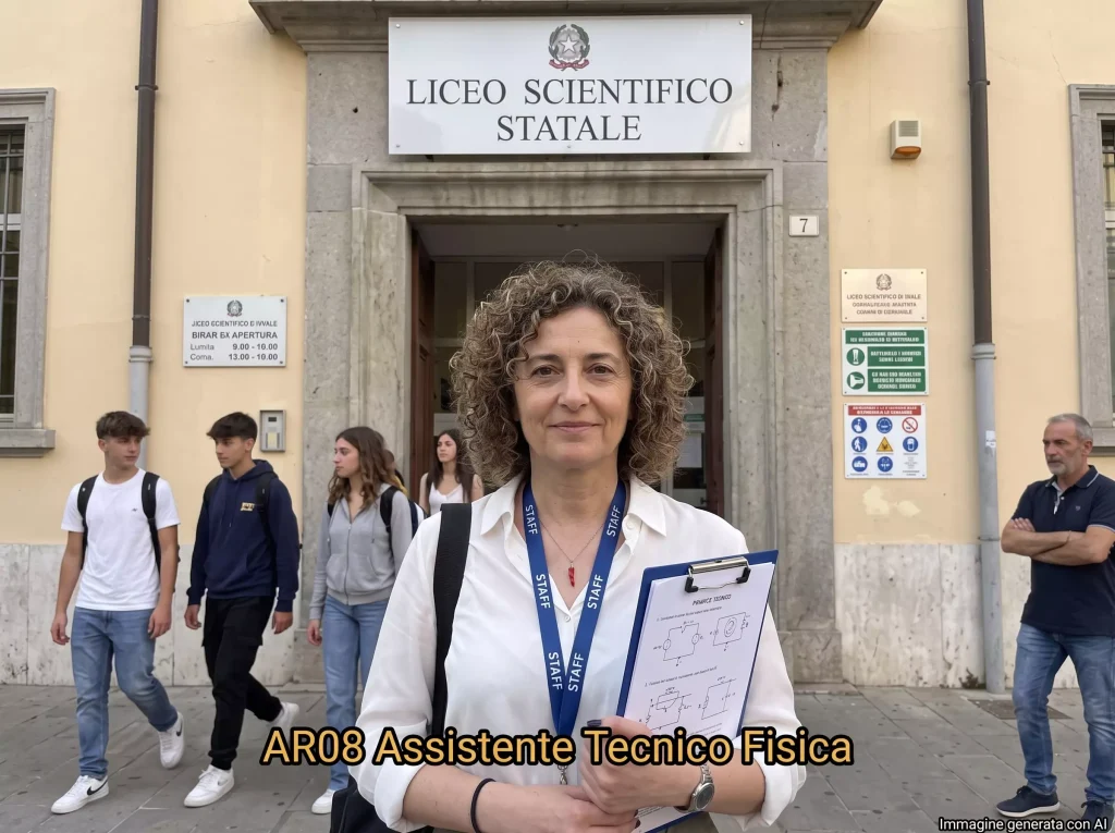 AT davanti ad una scuola. In primo piano la scritta: "AR08 Assistente Tecnico Fisica"