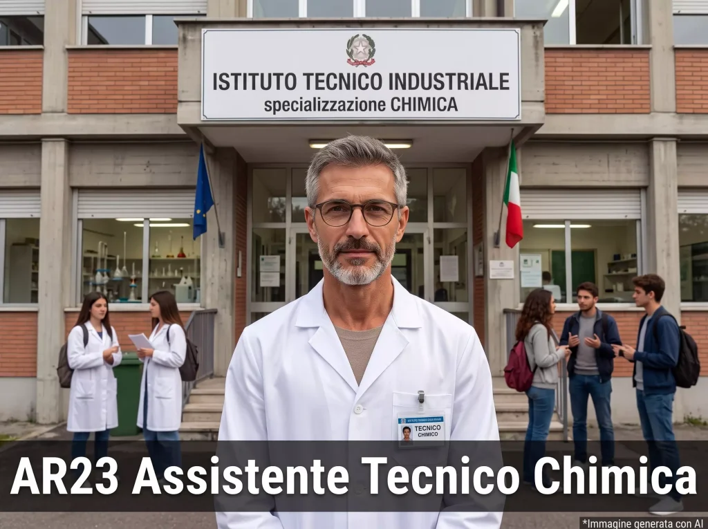 AT davanti ad una scuola. In primo piano la scritta: "AR23 Assistente Tecnico Chimica"
