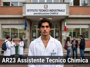 AT davanti ad una scuola. In primo piano la scritta: "AR23 Assistente Tecnico Chimica"