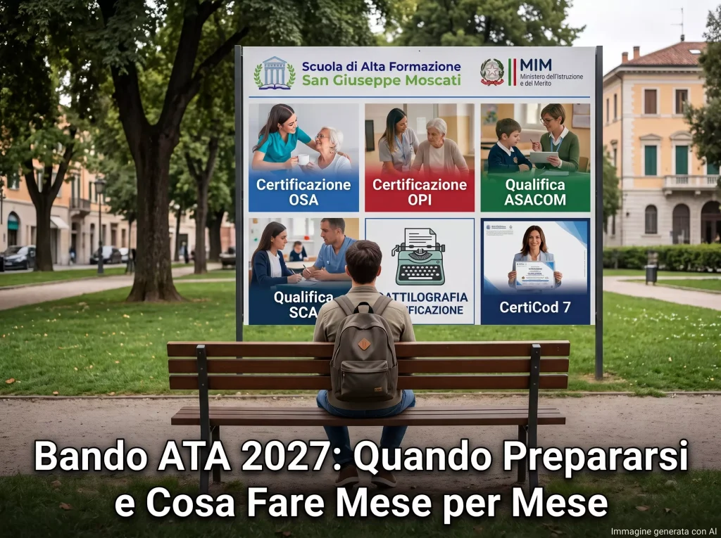 Aspirante ATA di spalle seduto su una panchina guarda le insegne di alcune Certificazioni. In primo piano la scritta: "Bando ATA 2027: Quando Prepararsi e Cosa Fare Mese per Mese".