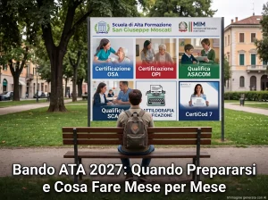 Aspirante ATA di spalle seduto su una panchina guarda le insegne di alcune Certificazioni. In primo piano la scritta: "Bando ATA 2027: Quando Prepararsi e Cosa Fare Mese per Mese".