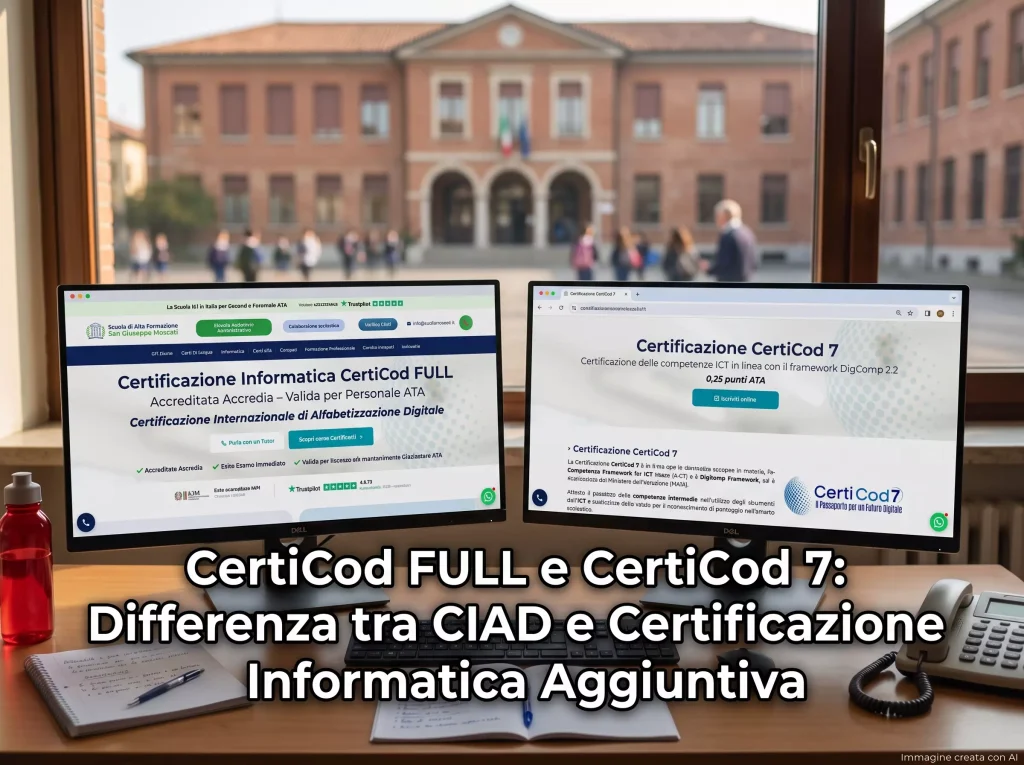 Due monitor di PC con le home page di CertiCod Full e CertiCod 7. In primo piano la scritta: "CertiCod FULL e CertiCod 7: Differenza tra CIAD e Certificazione Informatica Aggiuntiva".