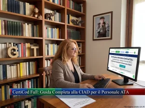 Aspirante docente nel suo studio privato consulta l'home page della CIAD. In primo piano la scritta: CertiCod Full: Guida Completa alla CIAD per il Personale ATA