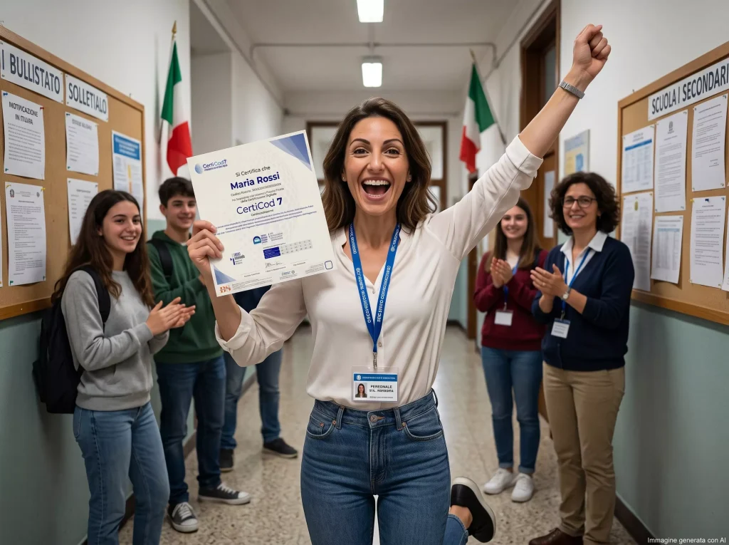 Certificazione Informatica Aggiuntiva ATA: figura ATA con in mano l'attestato della CertiCod 7 esulta