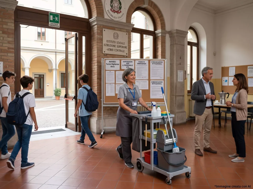 Collaboratore Scolastico con Legge 104: CS al lavoro in un corridoio della scuola