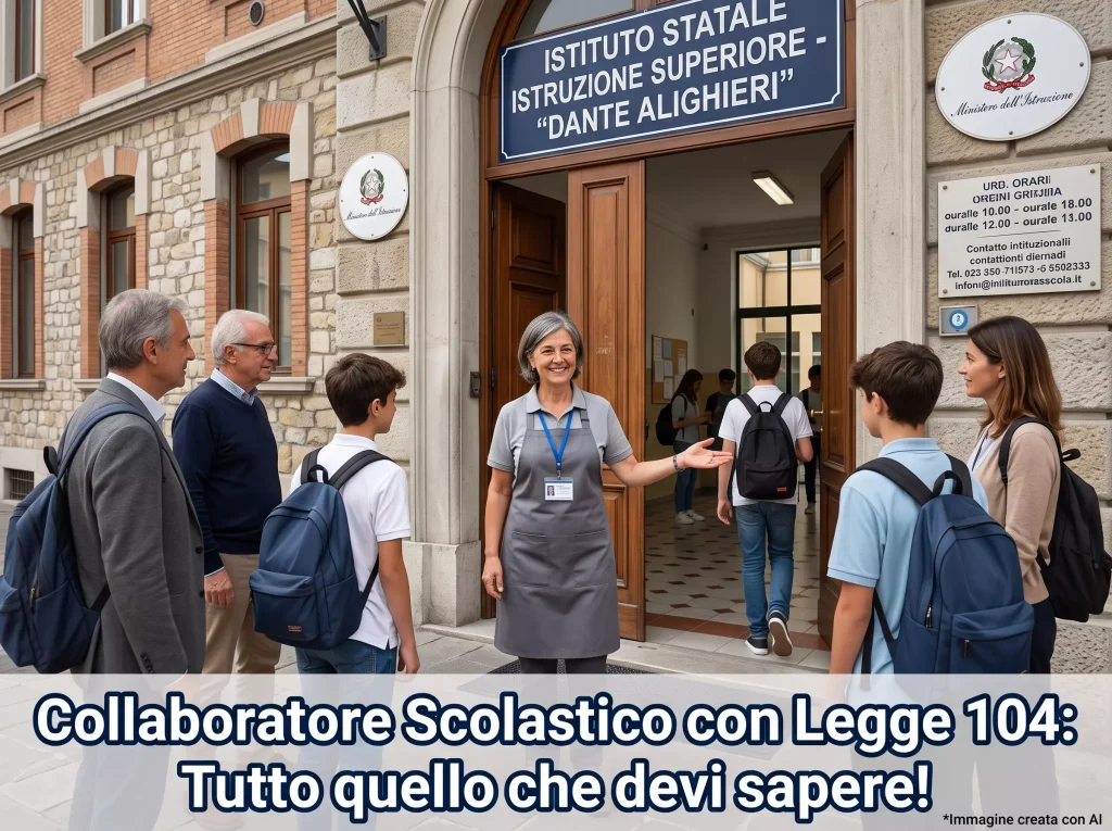 Collaboratore Scolastico che accoglie studenti e docenti davanti all'ingresso di una scuola. In primo piano la scritta "Collaboratore Scolastico con Legge 104: Tutto quello che devi sapere!".