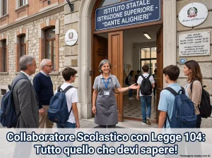 Collaboratore Scolastico che accoglie studenti e docenti davanti all'ingresso di una scuola. In primo piano la scritta "Collaboratore Scolastico con Legge 104: Tutto quello che devi sapere!".