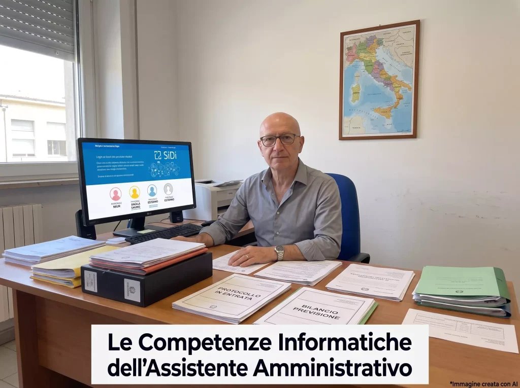 AA al lavoro davanti al pc. In primo piano la scritta: Competenze Informatiche dell'Assistente Amministrativo