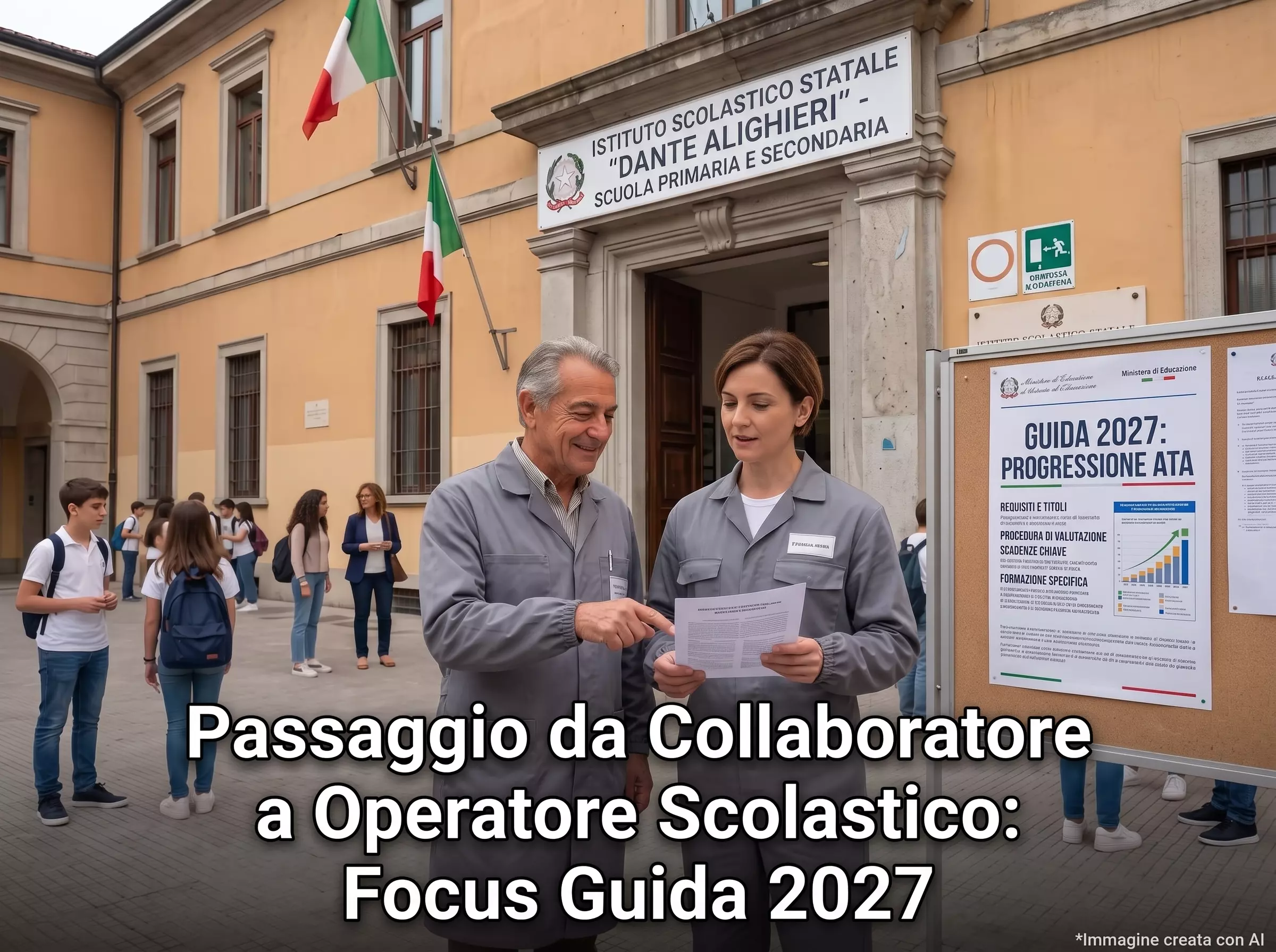 Un Collaboratore Scolastico e un Operatore scolastico davanti ad una scuola. In primo piano la scritta "Passaggio da Collaboratore a Operatore Scolastico: Guida 2027 alla Progressione ".