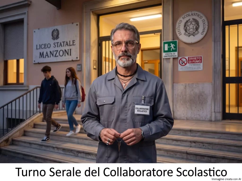 CS davanti ad una scuola. In primo piano la scritta "Turno Serale del Collaboratore Scolastico"