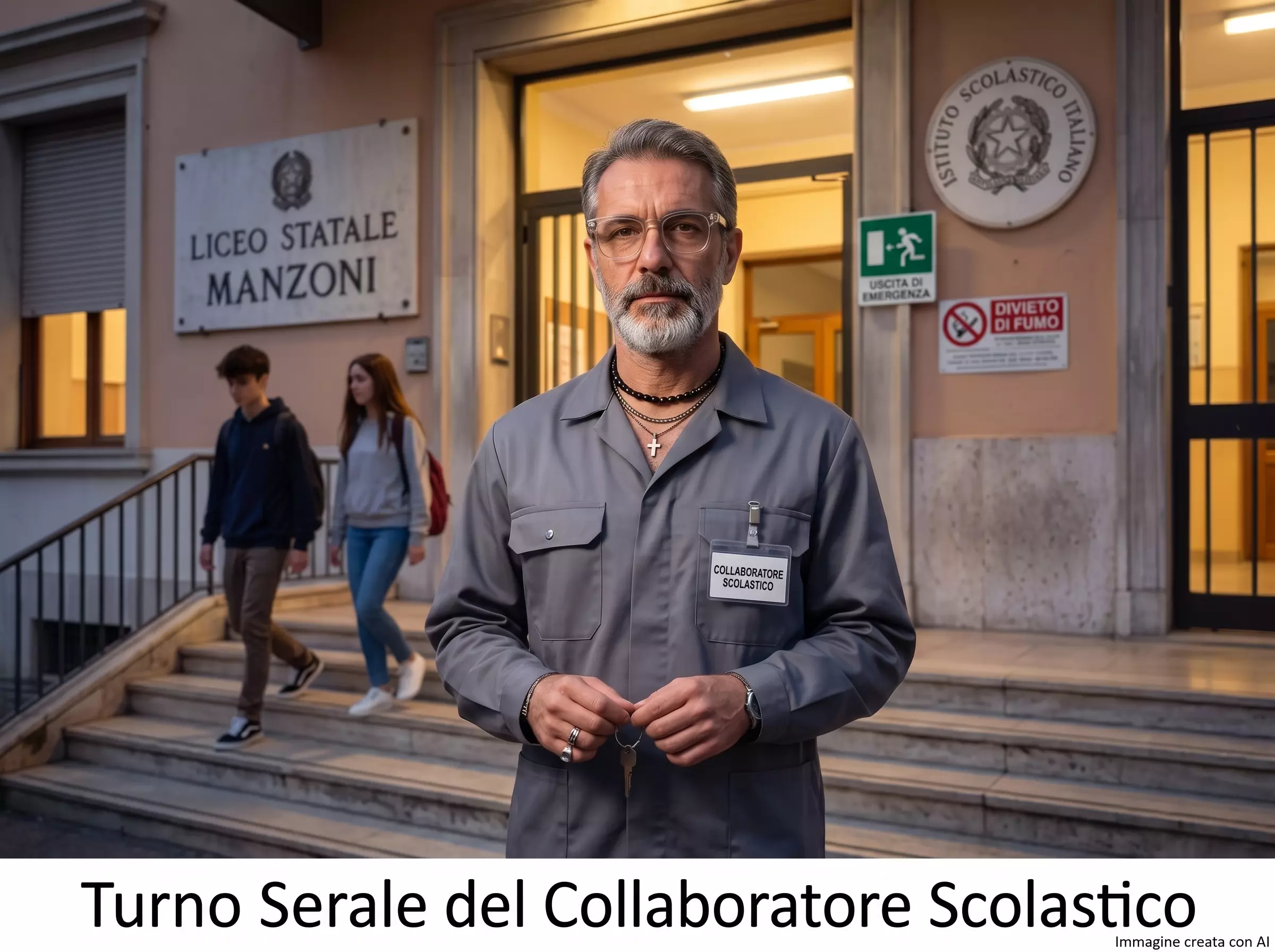 CS davanti ad una scuola. In primo piano la scritta "Turno Serale del Collaboratore Scolastico"