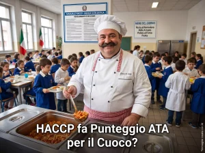 Cuoco nella mensa scolastica. In primo piano la scritta: "HACCP Fa Punteggio ATA per il Cuoco?"