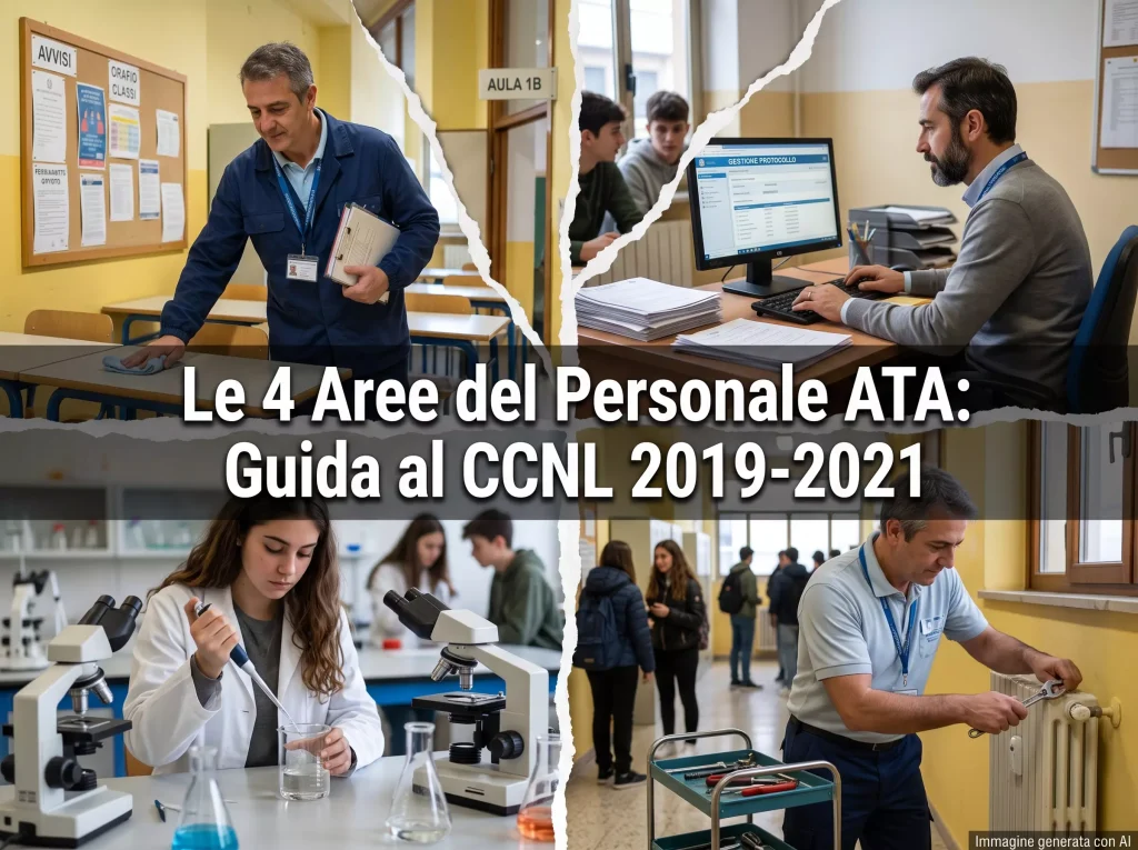 Immagine divisa in 4 parti, in ognuna delle quali è presente una figura ATA diversa in contesto scolastico. In primo piano la scritta "Le 4 Aree del Personale ATA: Guida al CCNL 2019-2021".