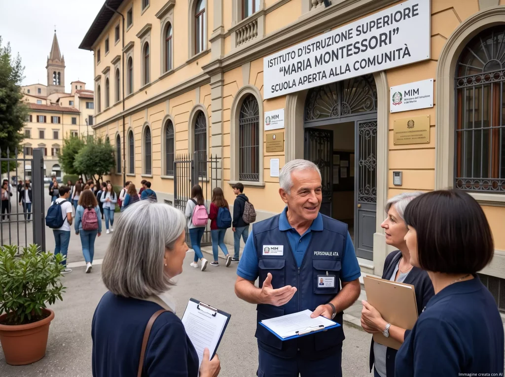 Maternità Personale ATA: alcune figure ATA davanti ad una scuola