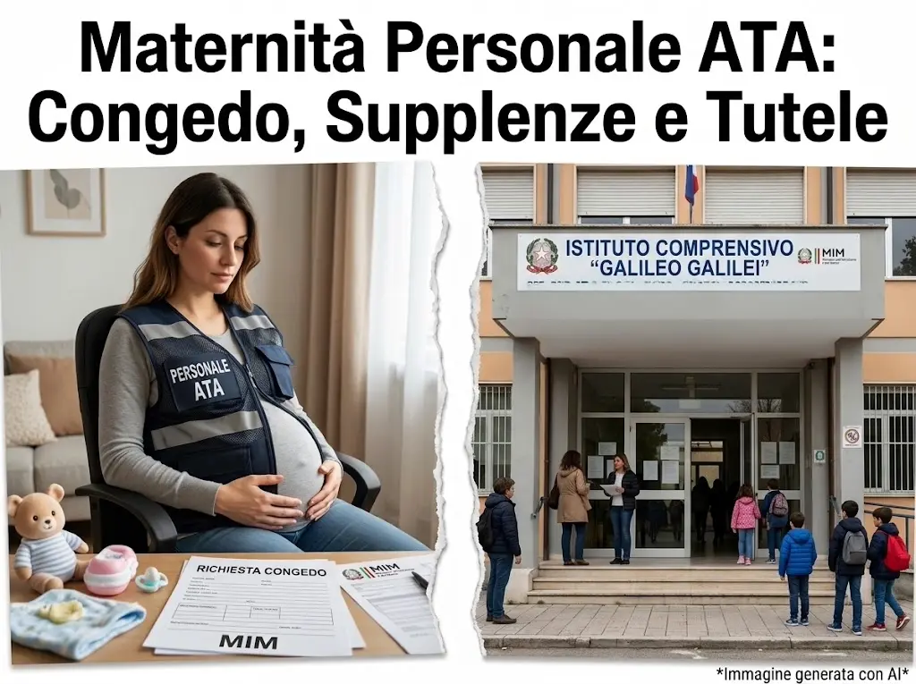 Immagine divisa in 2 parti: da un lato una donna incinta appartenente al Personale ATA nella propria abitazione, nell'altra un edificio scolastico. In primo piano la scritta: "Maternità Personale ATA: Congedo, Supplenze e Tutele".