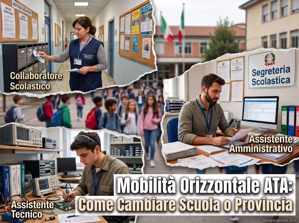 Immagine divisa in 3 parti con Collaboratore scolastico, Assistente amministrativo e tecnico al lavoro. Sullo sfondi una scuole alunni. In primo piano la scritta"Mobilità Orizzontale ATA: Come Cambiare Scuola o Provincia "