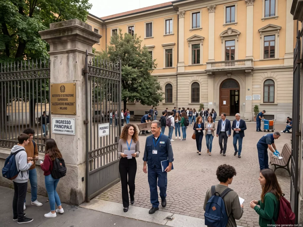 Motivi di Esclusione Domanda ATA 24 Mesi: Collaboratore scolastico e Assistente amministrativo davanti ad una scuola.