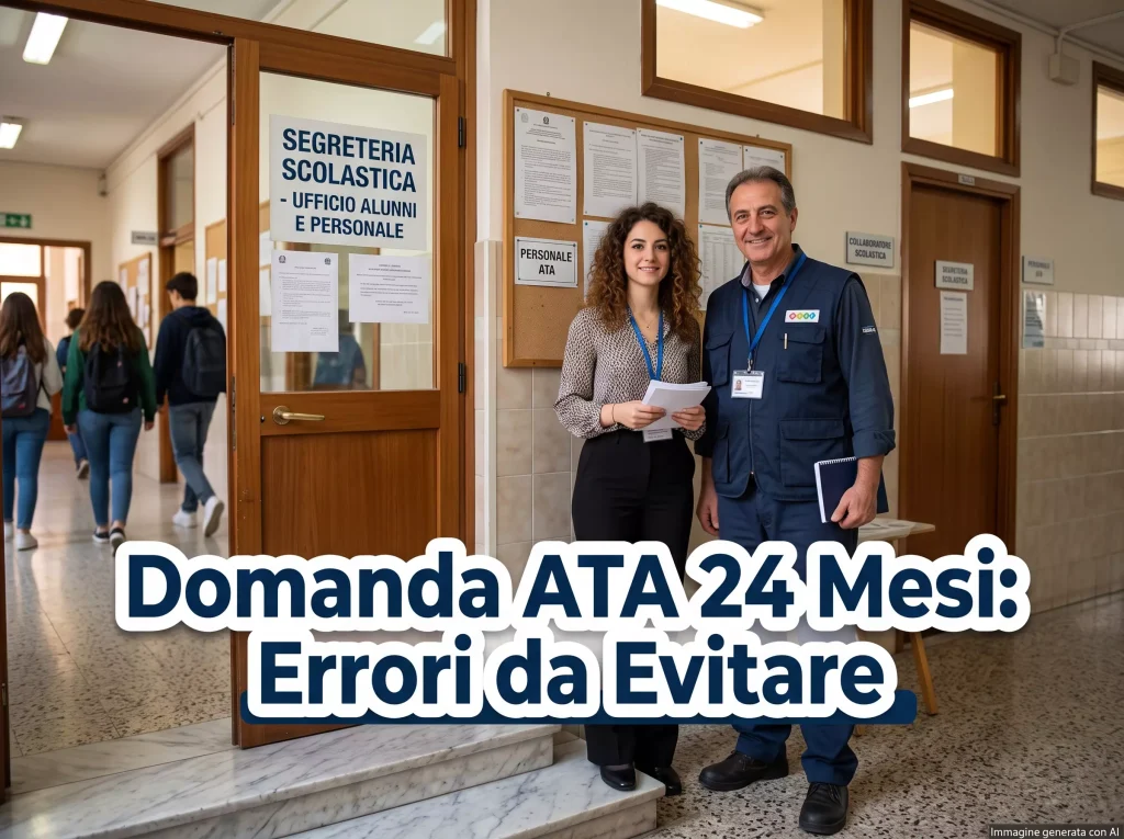 collaboratore scolastico e assistente amministrativa davanti alla porta d'ingresso della segreteria scolastica In primo piano la scritta "Domanda ATA 24 Mesi: Errori da Evitare".
