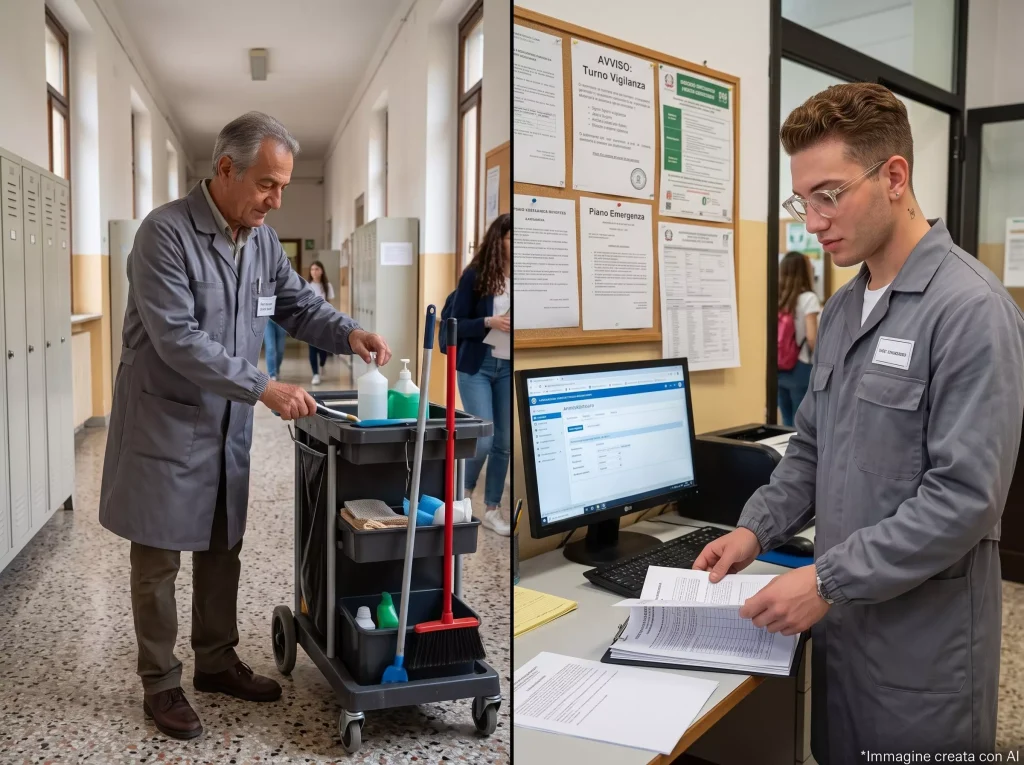 Passaggio da Collaboratore a Operatore Scolastico. Immagine divisa in due parti: CS e OS impegnati nelle rispettive mansioni.