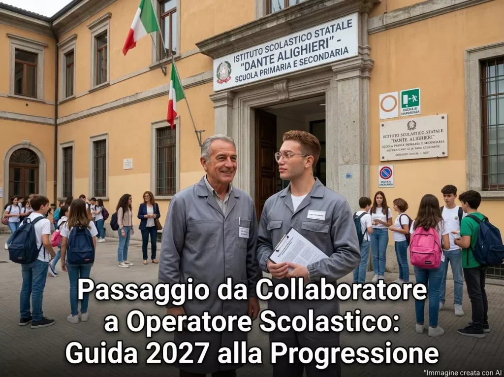 Un Collaboratore Scolastico e un Operatore scolastico davanti ad una scuola. In primo piano la scritta "Passaggio da Collaboratore a Operatore Scolastico: Guida 2027 alla Progressione ".