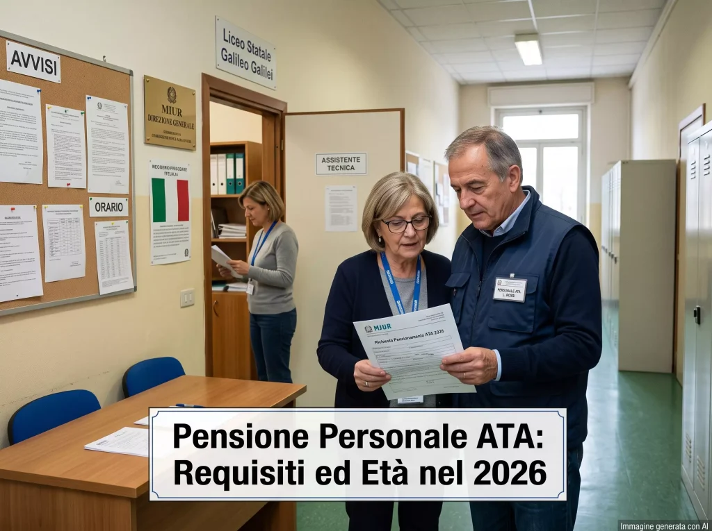 Due figure ATA all'interno di un edificio scolastico. In primo piano la scritta: "Pensione Personale ATA: Requisiti ed Età nel 2026".