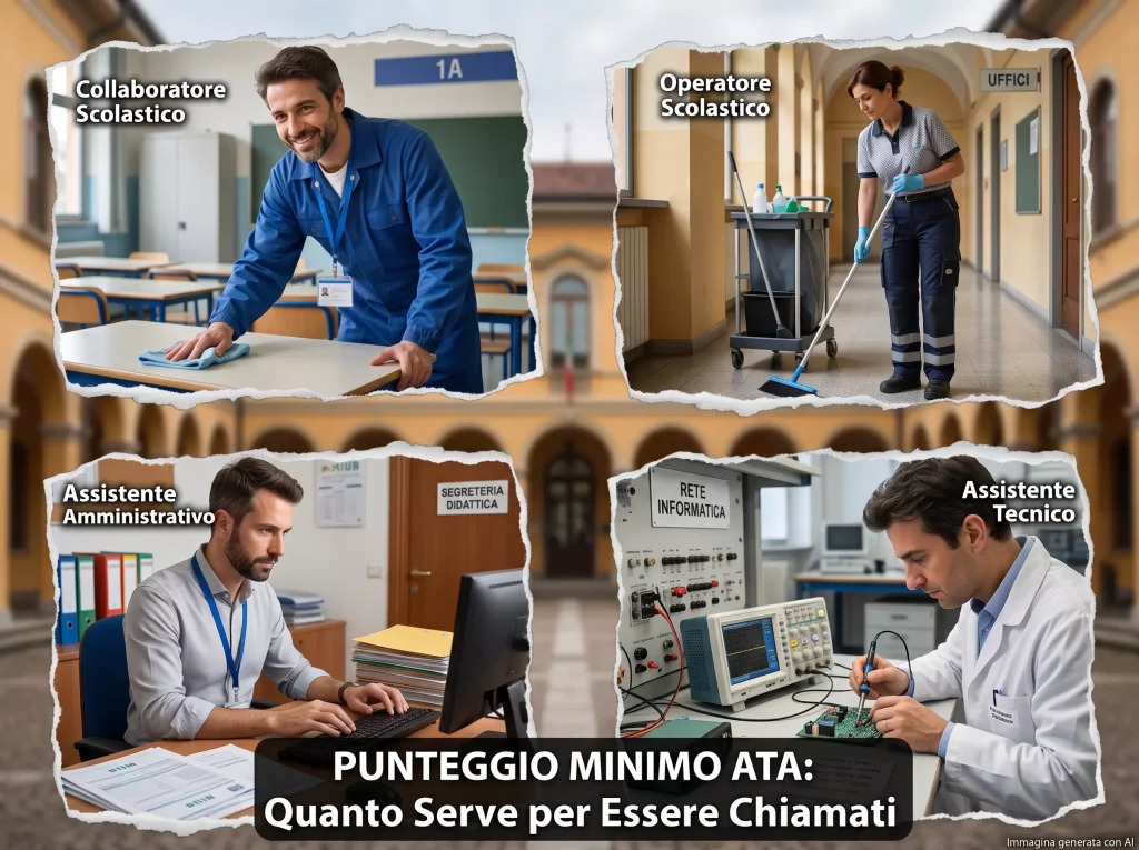 Immagine in 4 parti: Collaboratore scolastico, Operatore scolastico, Assistente amministrativo e Assistente tecnico in contesto scolastico. Sullo sfondo un edificio scolastico sfocato. In primo piano la scritta "Punteggio minimo ATA: Quanto Serve per Essere Chiamati".
